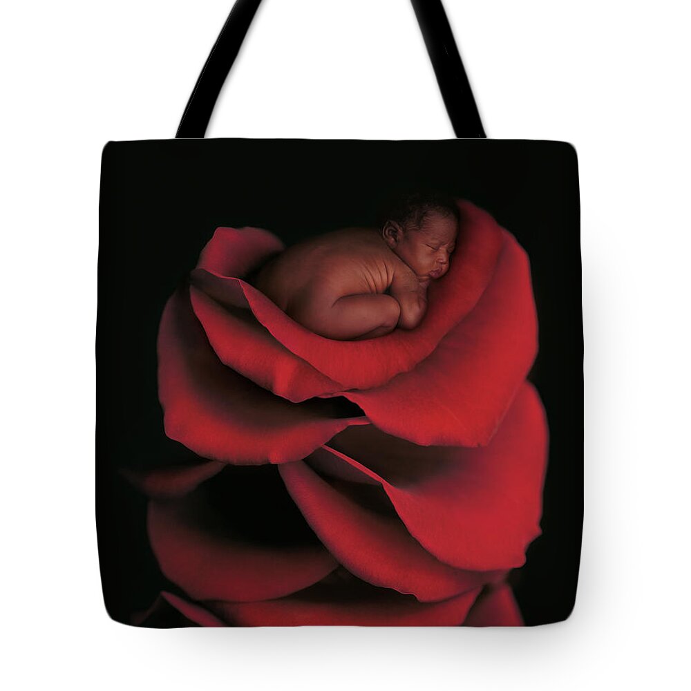 Rose Tote Bag featuring the photograph Kwasi On A Bed Of Rose Petals by Anne Geddes