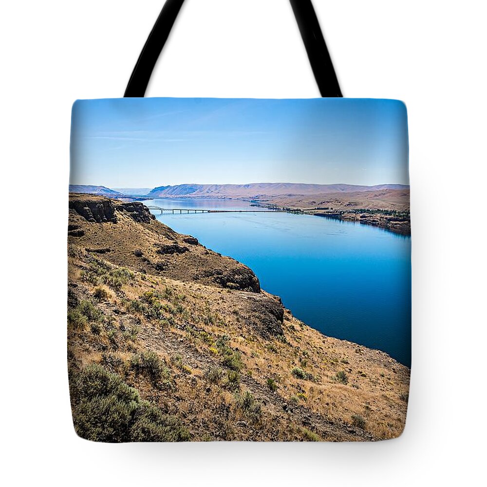 River Tote Bag featuring the photograph Wanapum Lake Colombia River Wild Horses Monument and canyons #16 by Alex Grichenko