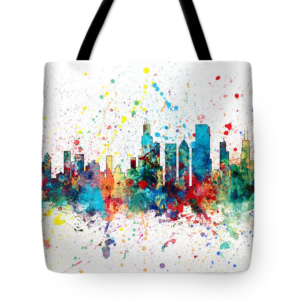 Chicago Tote Bag featuring the digital art Chicago Illinois Skyline #17 by Michael Tompsett
