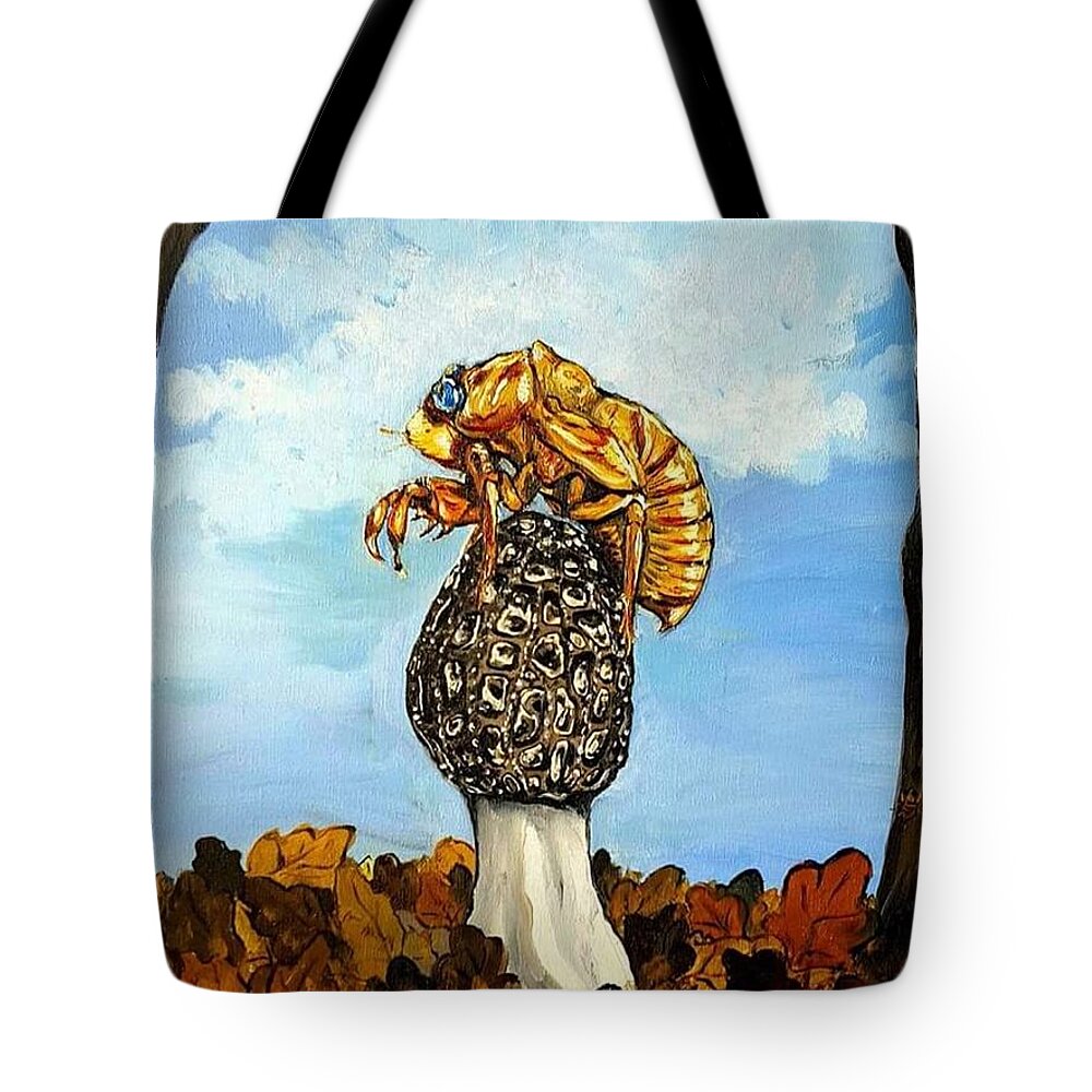 Morel Tote Bag featuring the painting 17 year Cicada With Morel by Alexandria Weaselwise Busen