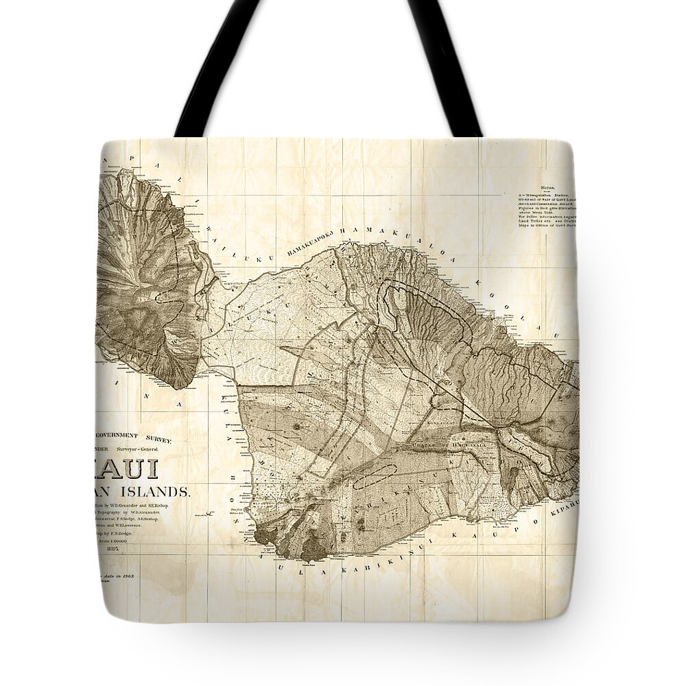 Maui Tote Bag featuring the digital art 1855 Government Survey Map of Maui Hawaii Updated in 1903 Sepia by Toby McGuire
