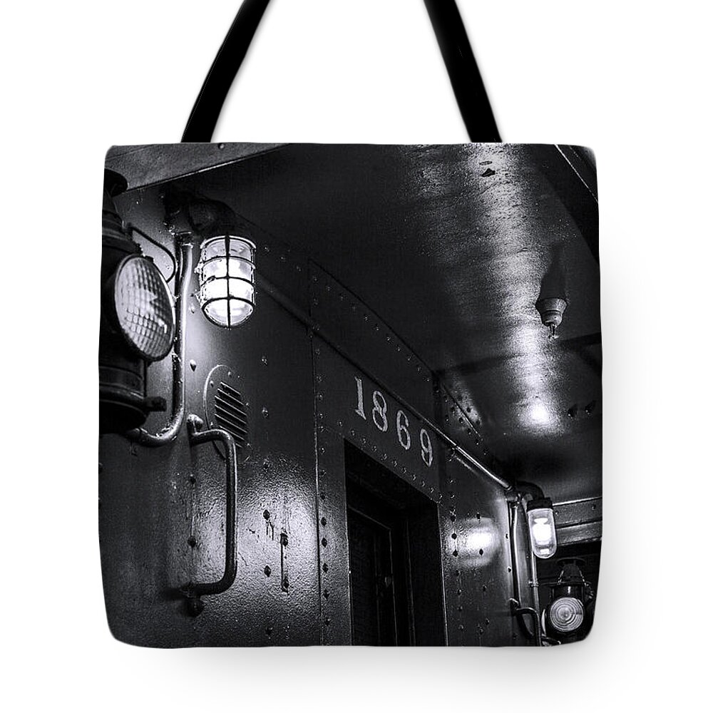 Arrested Decay Tote Bag featuring the photograph 1869 Caboose bw by Denise Dube