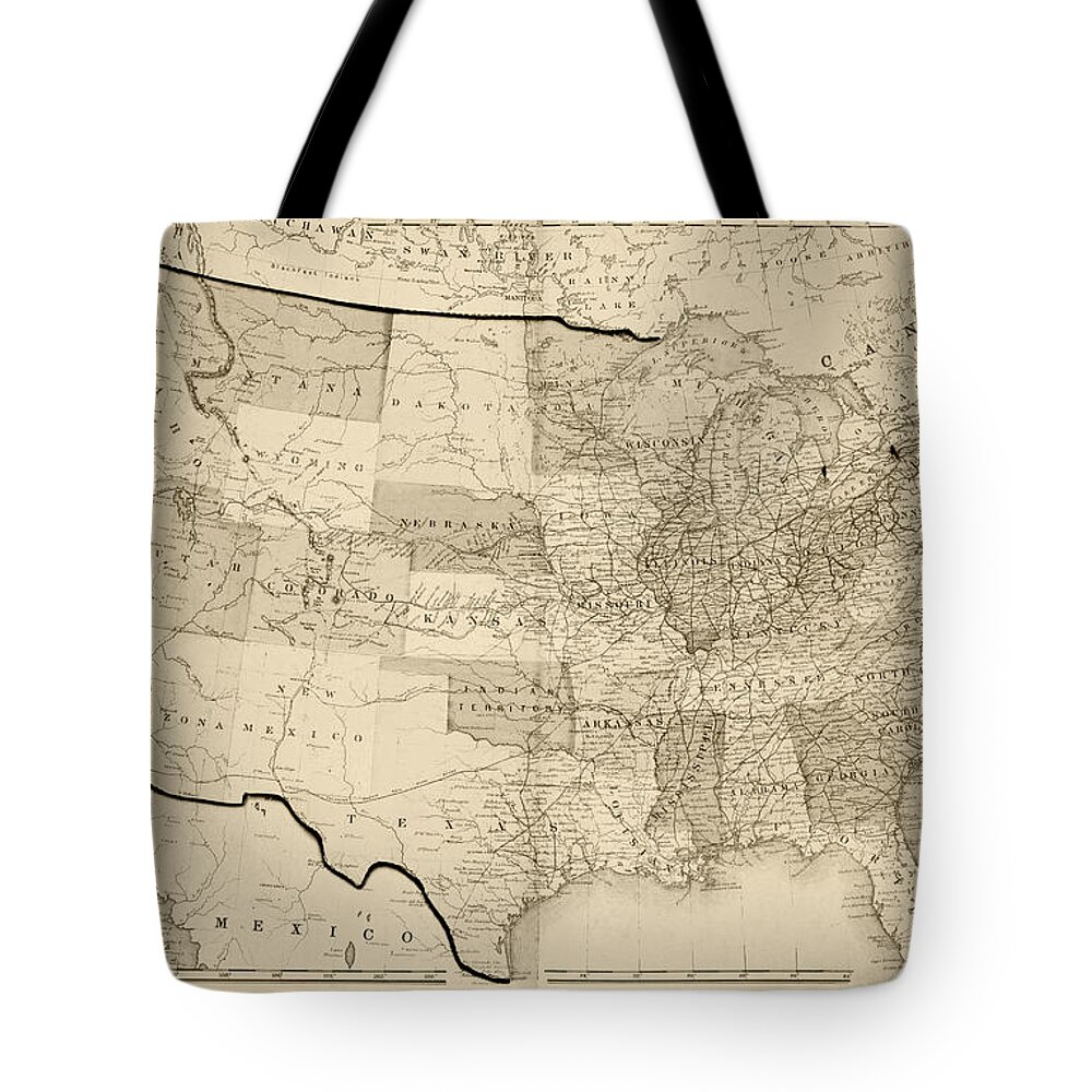 United Tote Bag featuring the digital art 1876 Map of the United States Sepia by Toby McGuire