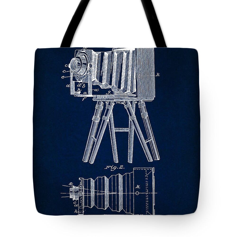 Patent Tote Bag featuring the digital art 1885 Camera US Patent Invention Drawing - Dark Blue by Todd Aaron