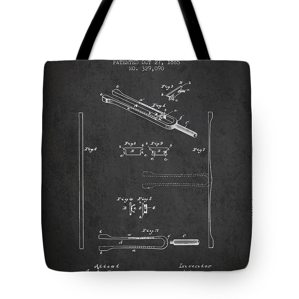 Tuning Fork Tote Bag featuring the digital art 1885 Tuning Fork Patent - charcoal by Aged Pixel