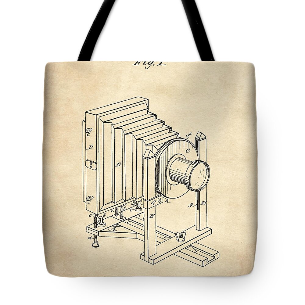 Patent Tote Bag featuring the digital art 1888 Camera US Patent Invention Drawing - Vintage Tan by Todd Aaron
