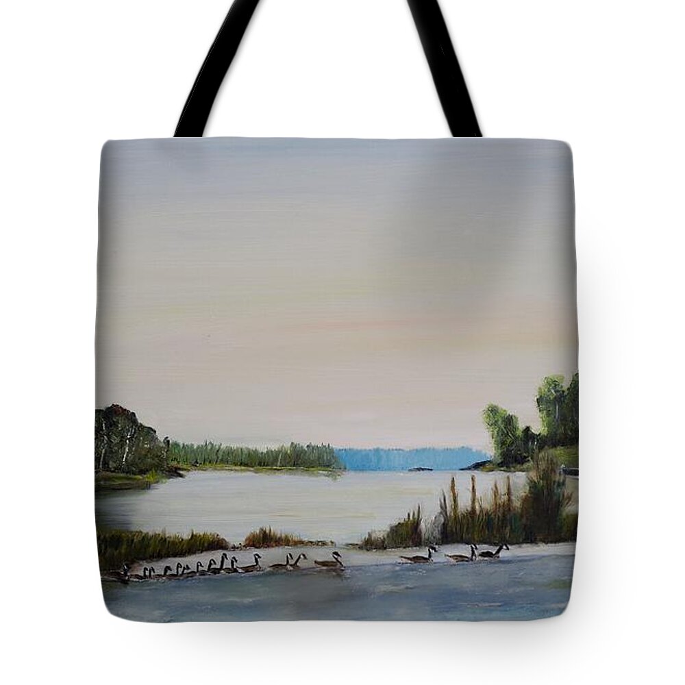 Geese Tote Bag featuring the painting 19 Geese by Marilyn McNish