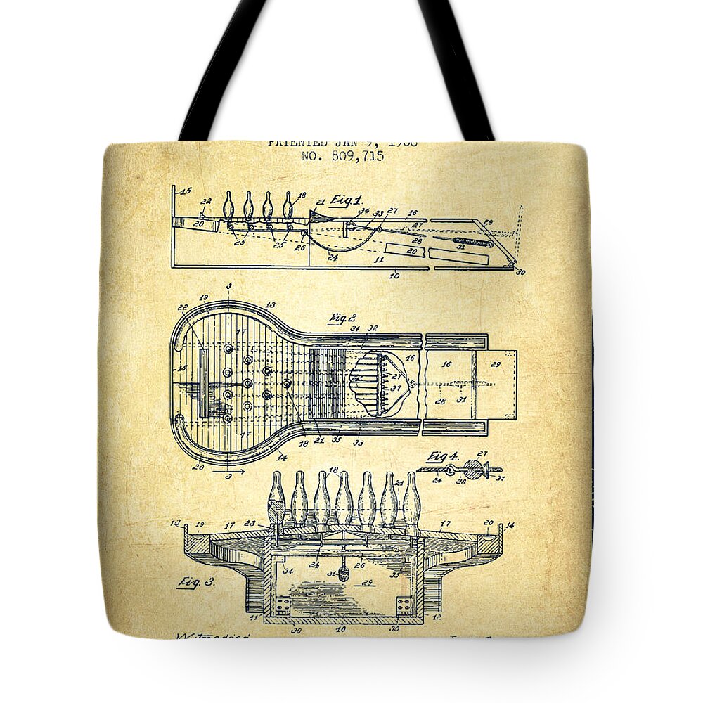 Bowling Tote Bag featuring the digital art 1906 Bowling Alley Patent - Vintage by Aged Pixel