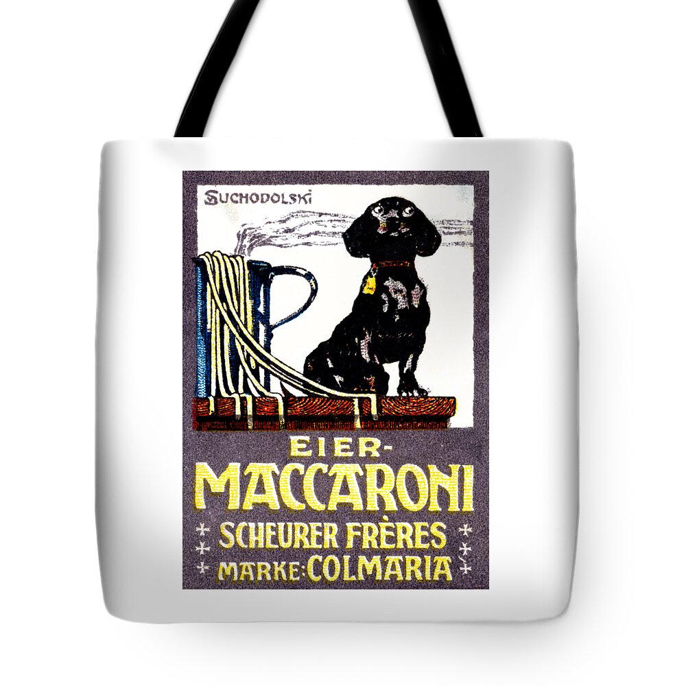 Vintage Tote Bag featuring the painting 1910 Dachshund and Macaroni Poster  by Historic Image