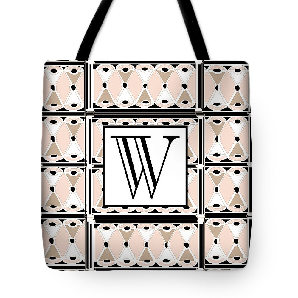 Art Deco Tote Bag featuring the digital art 1920s Pink Champagne Deco Monogram W by Cecely Bloom