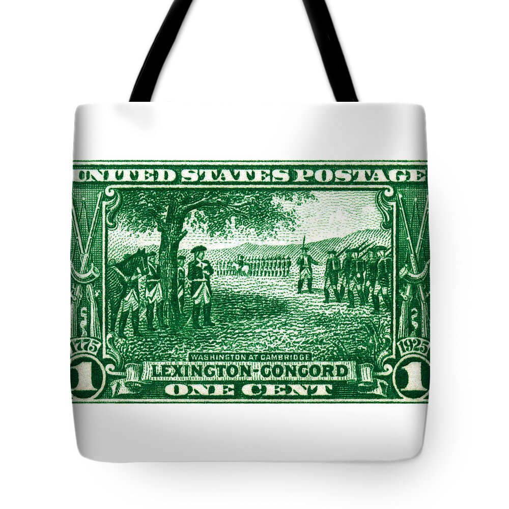 American Revolution Tote Bag featuring the painting 1925 George Washington at Cambridge Stamp by Historic Image