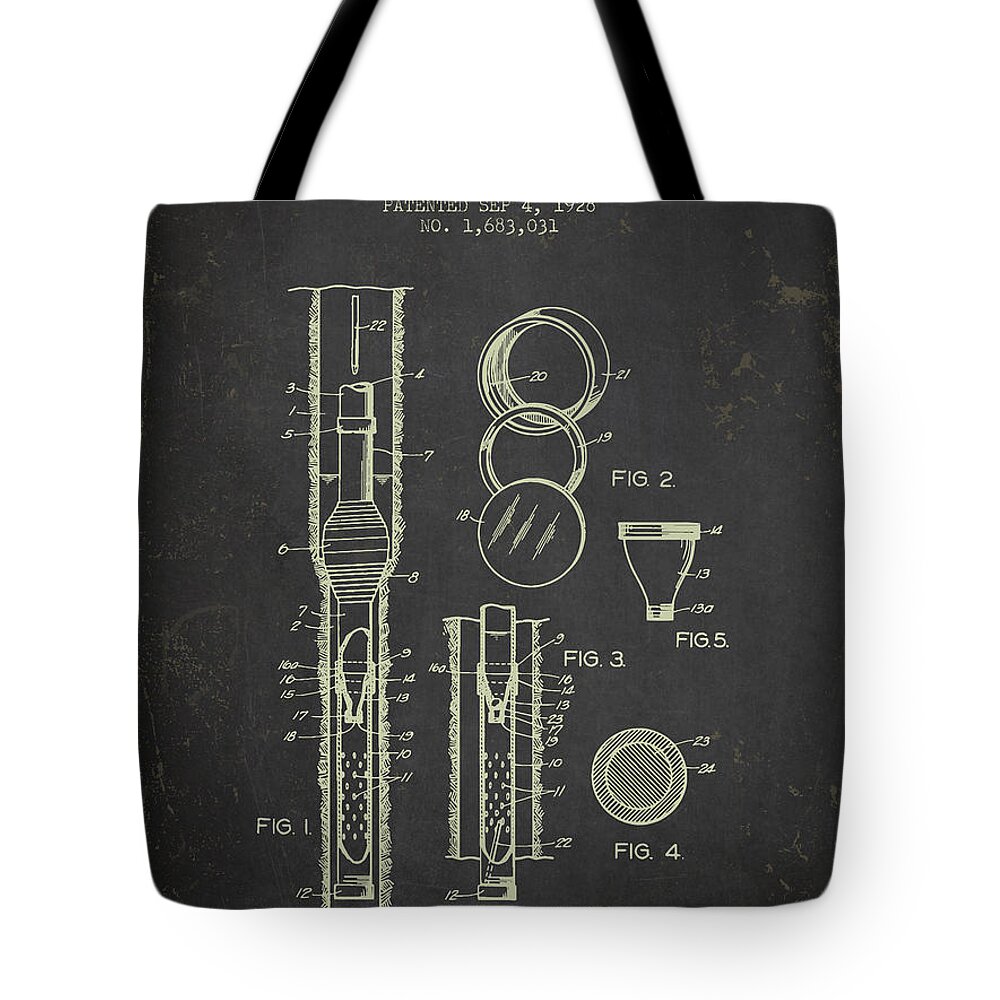 Patent Tote Bag featuring the digital art 1928 Oil Well Tester Patent - Dark Grunge by Aged Pixel