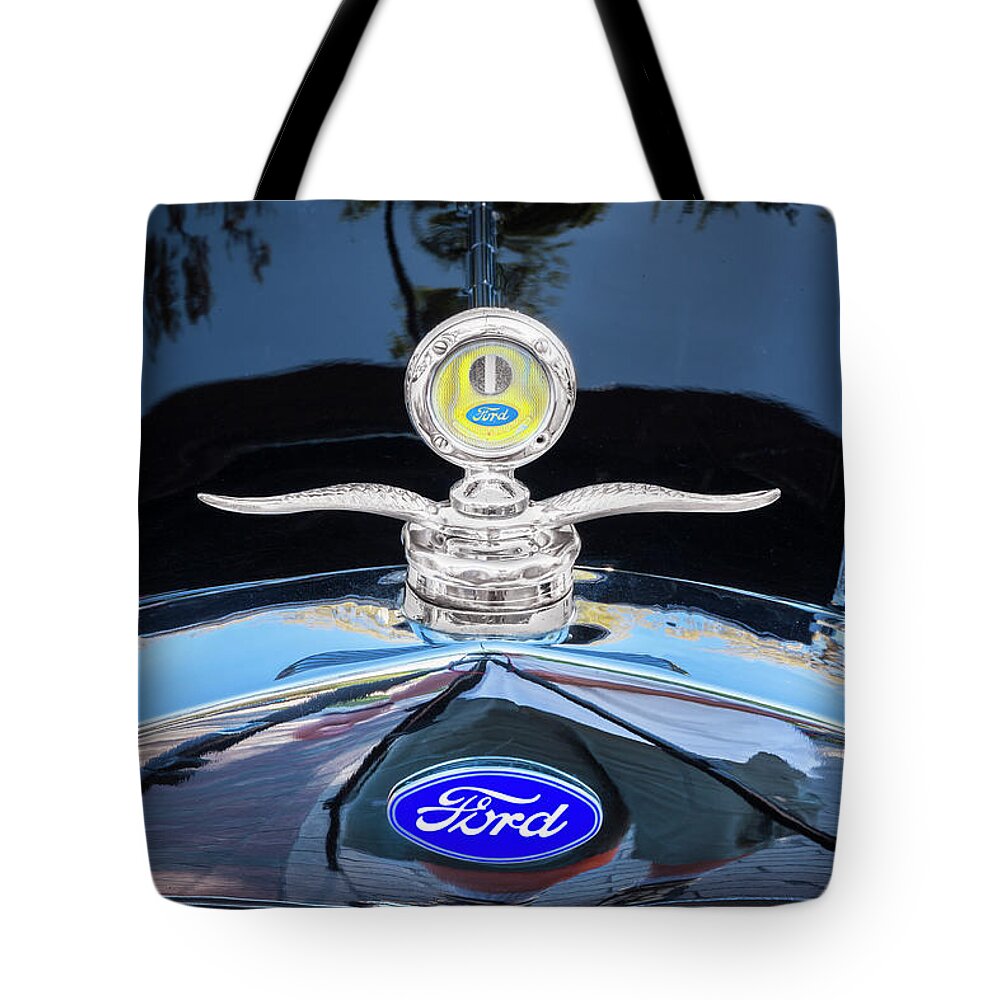 1929 Ford Model A Tote Bag featuring the photograph 1929 Ford Model A Hood Ornament by Rich Franco