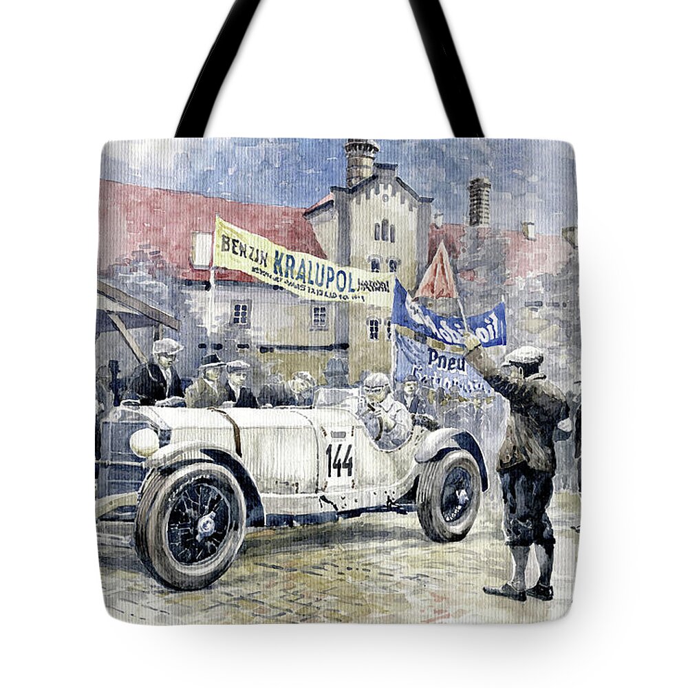 Shevchukart Tote Bag featuring the painting 1930 Zbraslav-Jiloviste Regularity Ride to the Top Mercedes Benz SSK Rudolf Caracciola winner. by Yuriy Shevchuk