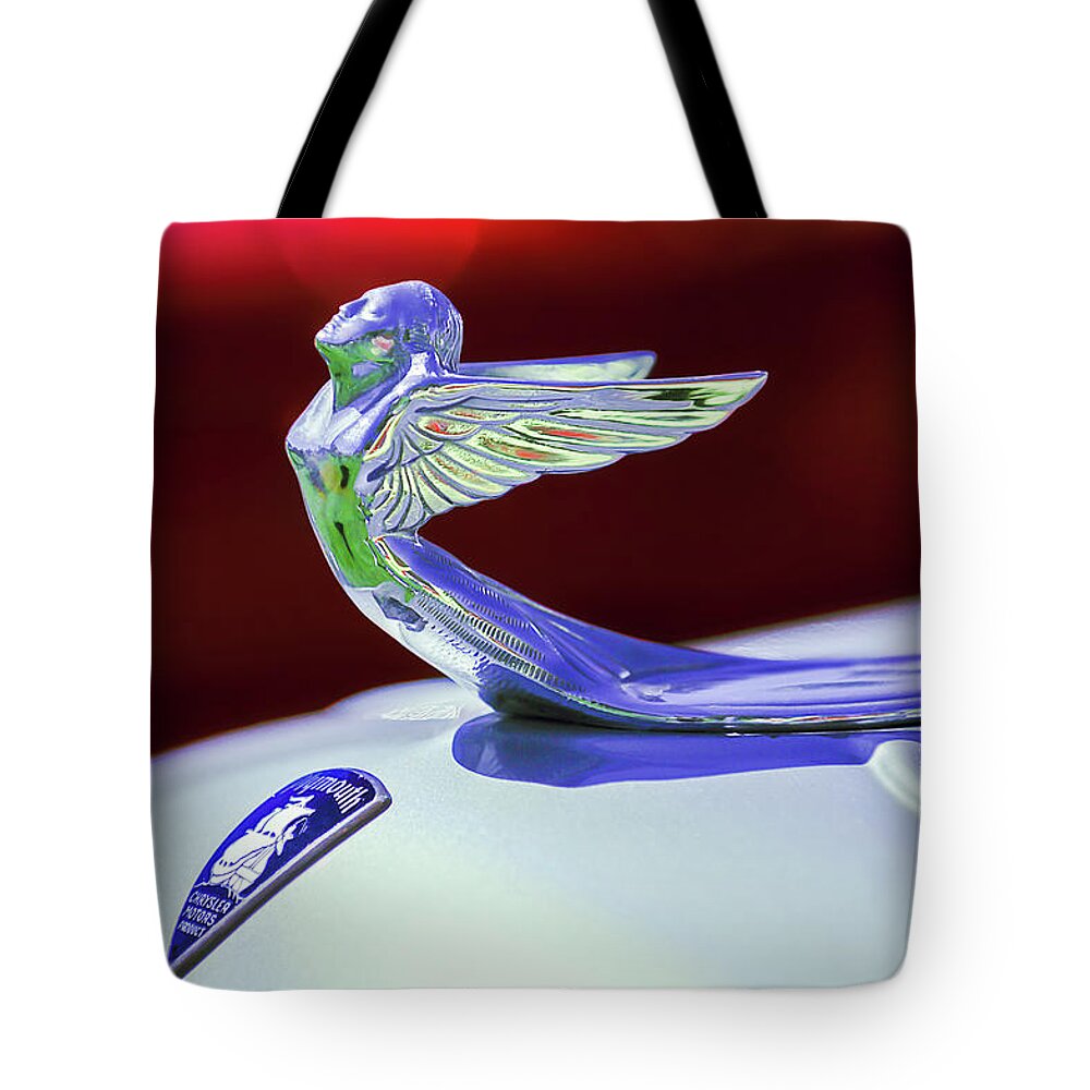 1933 Plymouth Hood Ornament Tote Bag featuring the photograph 1933 Plymouth Hood Ornament -0121rc by Jill Reger