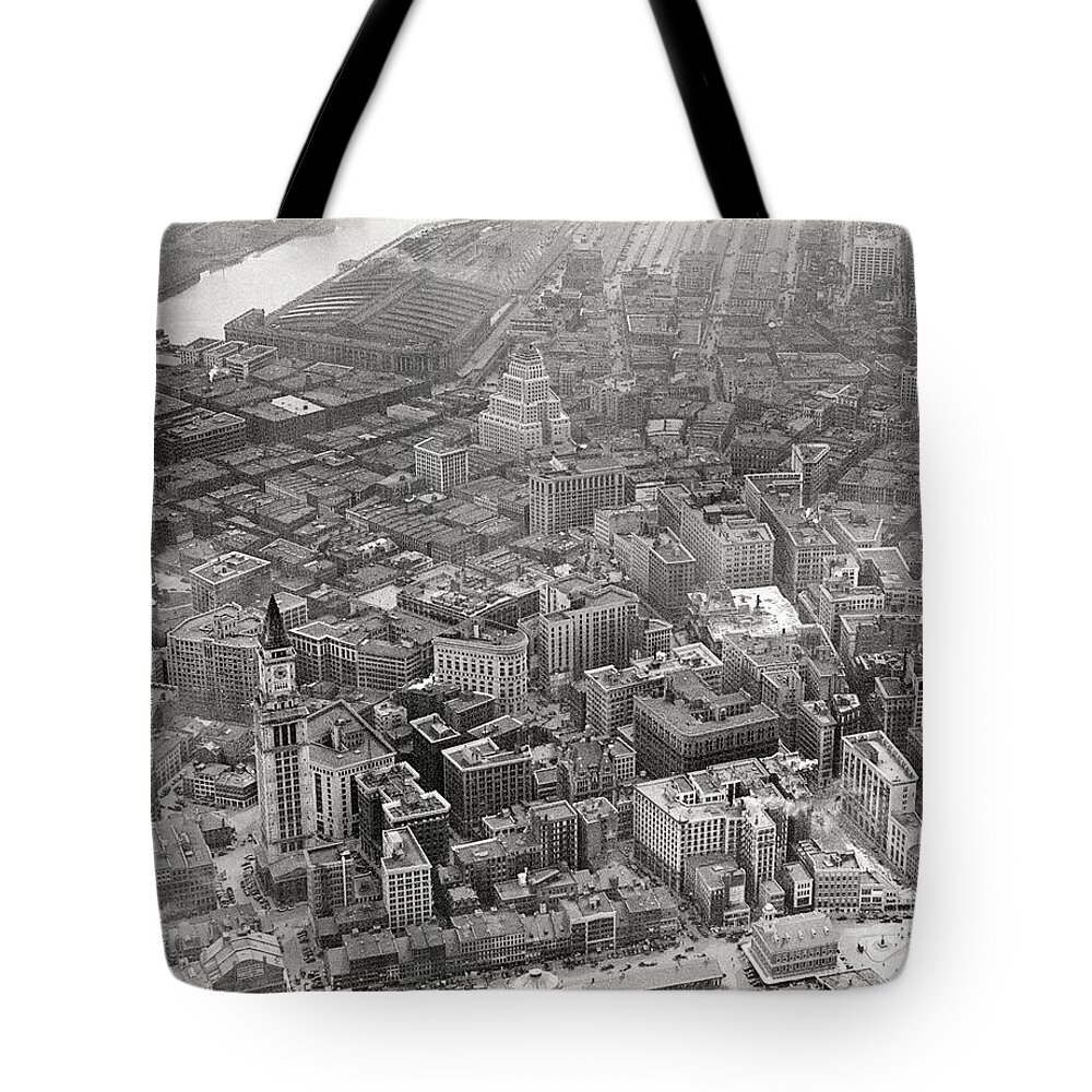 Vintage Tote Bag featuring the photograph 1935 Aerial view of Downtown Boston by Historic Image