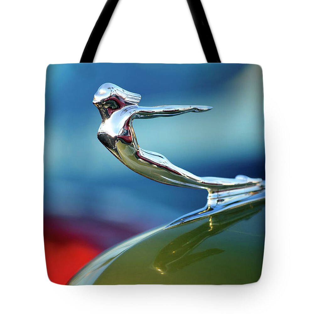 1936 Cadillac Tote Bag featuring the photograph 1936 Cadillac Hood Ornament 2 by Jill Reger