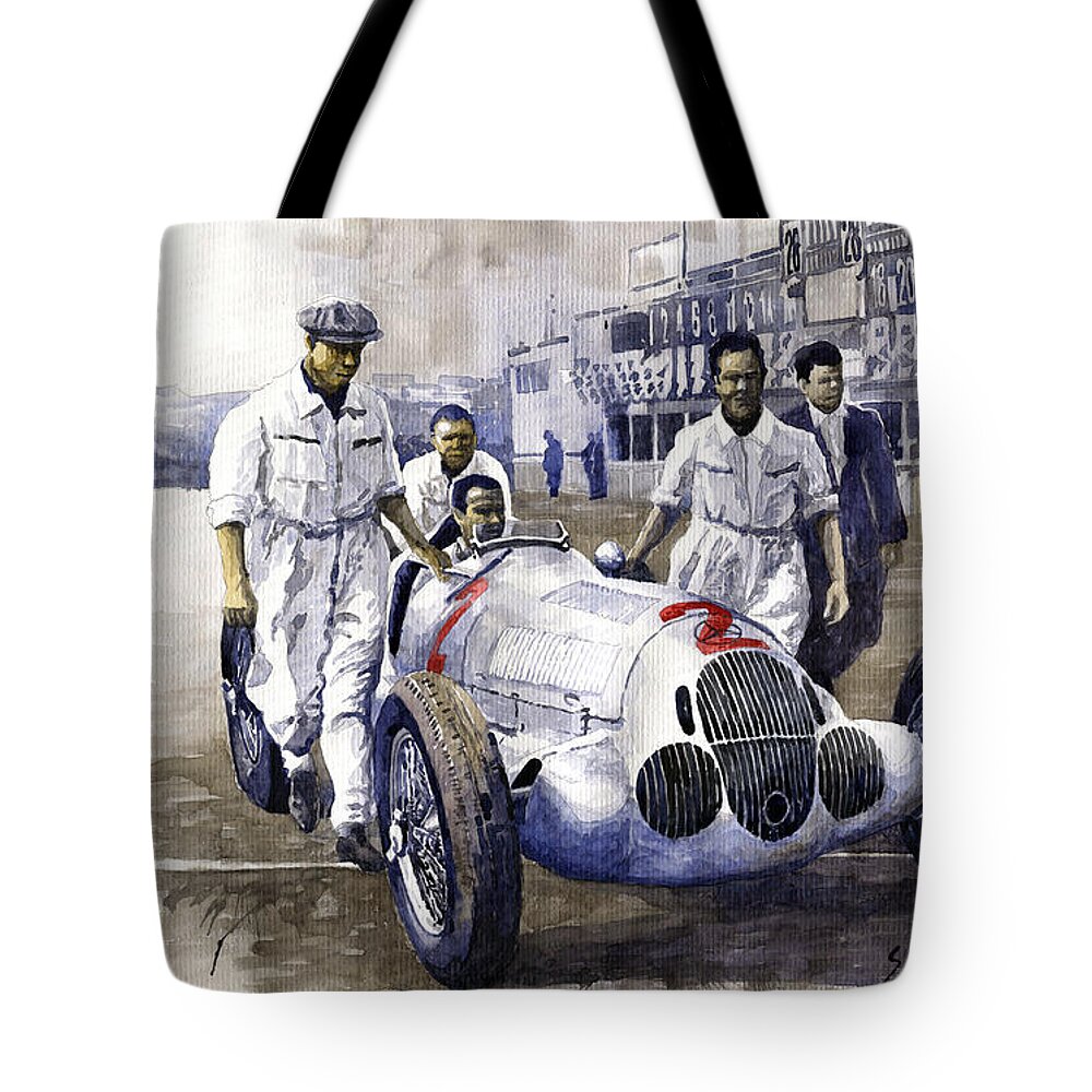 Watercolor Tote Bag featuring the photograph 1937 Italian GP Mercedes Benz W125 Rudolf Caracciola by Yuriy Shevchuk