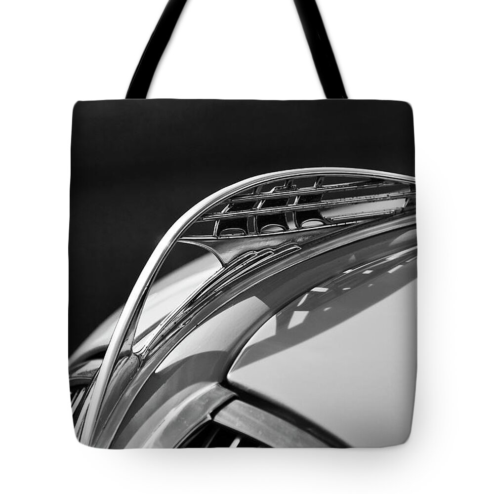 1937 Plymouth Tote Bag featuring the photograph 1937 Plymouth Hood Ornament 3 by Jill Reger