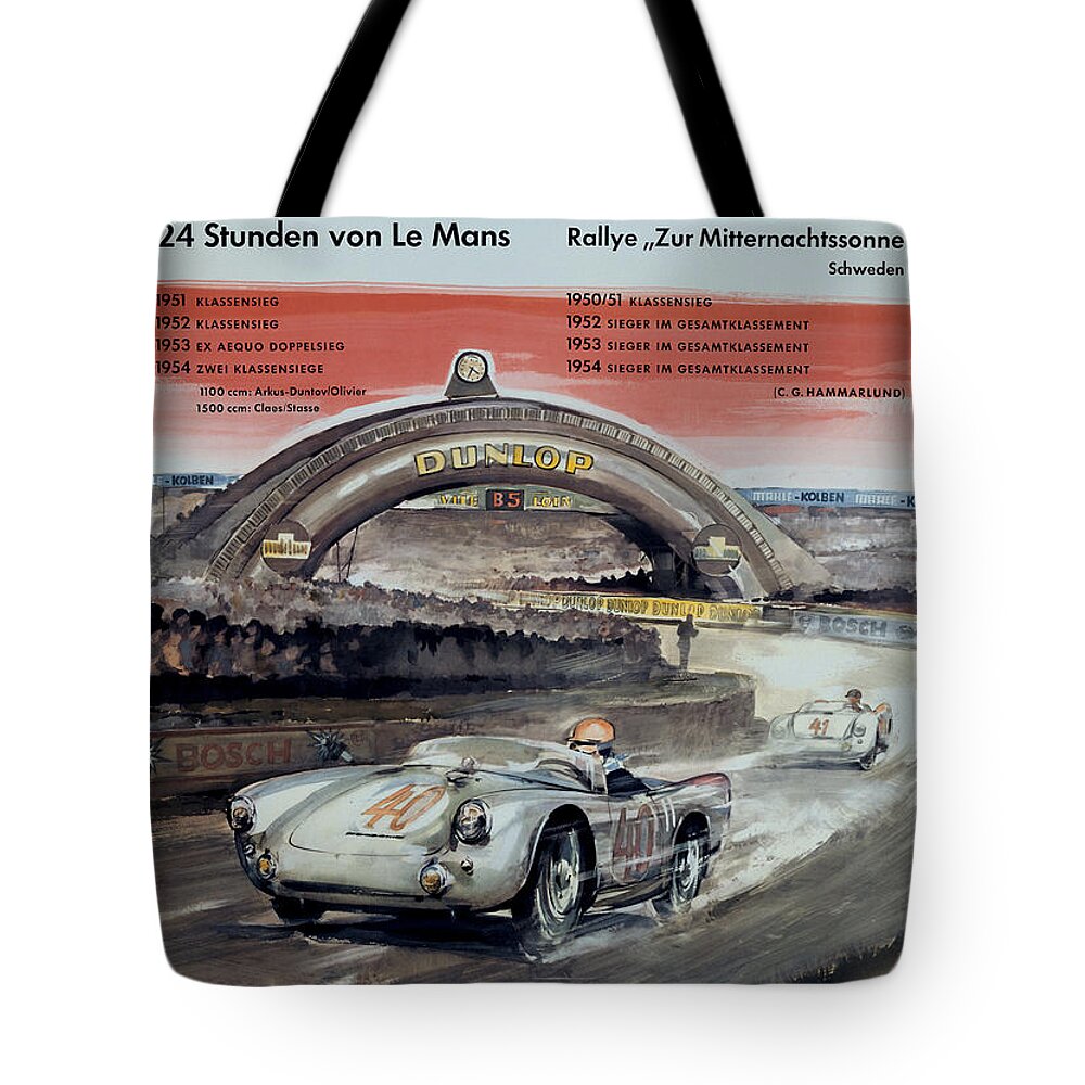 24 Hours Of Le Mans Tote Bag featuring the digital art 1950 Porsche Le mans Poster by Georgia Clare
