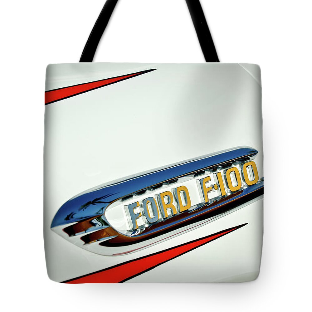 1950's Ford F-100 Fordomatic Pickup Truck Emblem Tote Bag featuring the photograph 1950's Ford F-100 Fordomatic Pickup Truck Emblem by Jill Reger