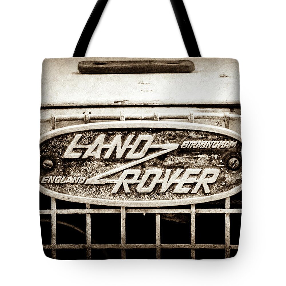 1952 Land Rover 80 Grille Emblem Tote Bag featuring the photograph 1952 Land Rover 80 Grille Emblem -0988s2 by Jill Reger