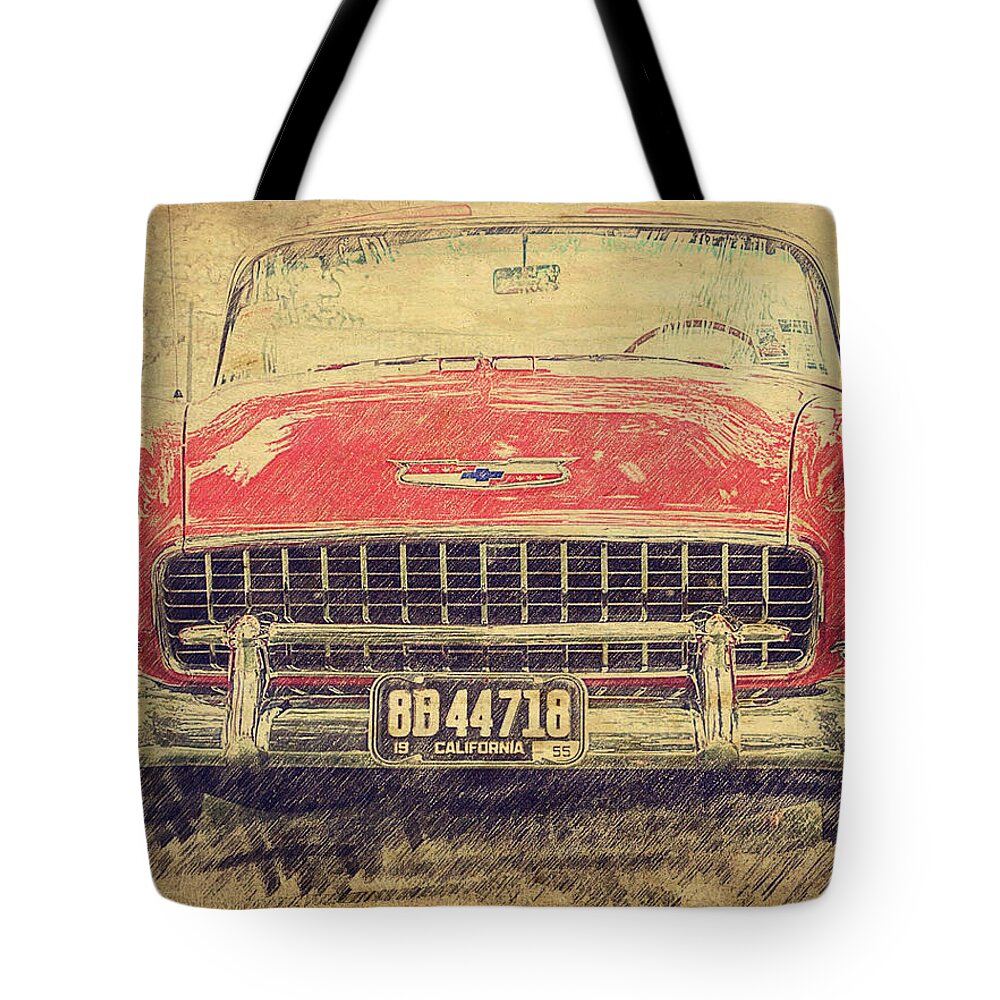 1955 Belair Emblem Tote Bag featuring the photograph 1955 Belair Front End by Brooke Roby