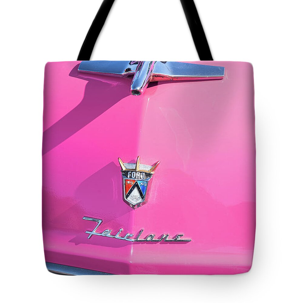 Ford Fairlane Tote Bag featuring the photograph 1955 Pink Ford Fairlane Hood Ornament by Aloha Art