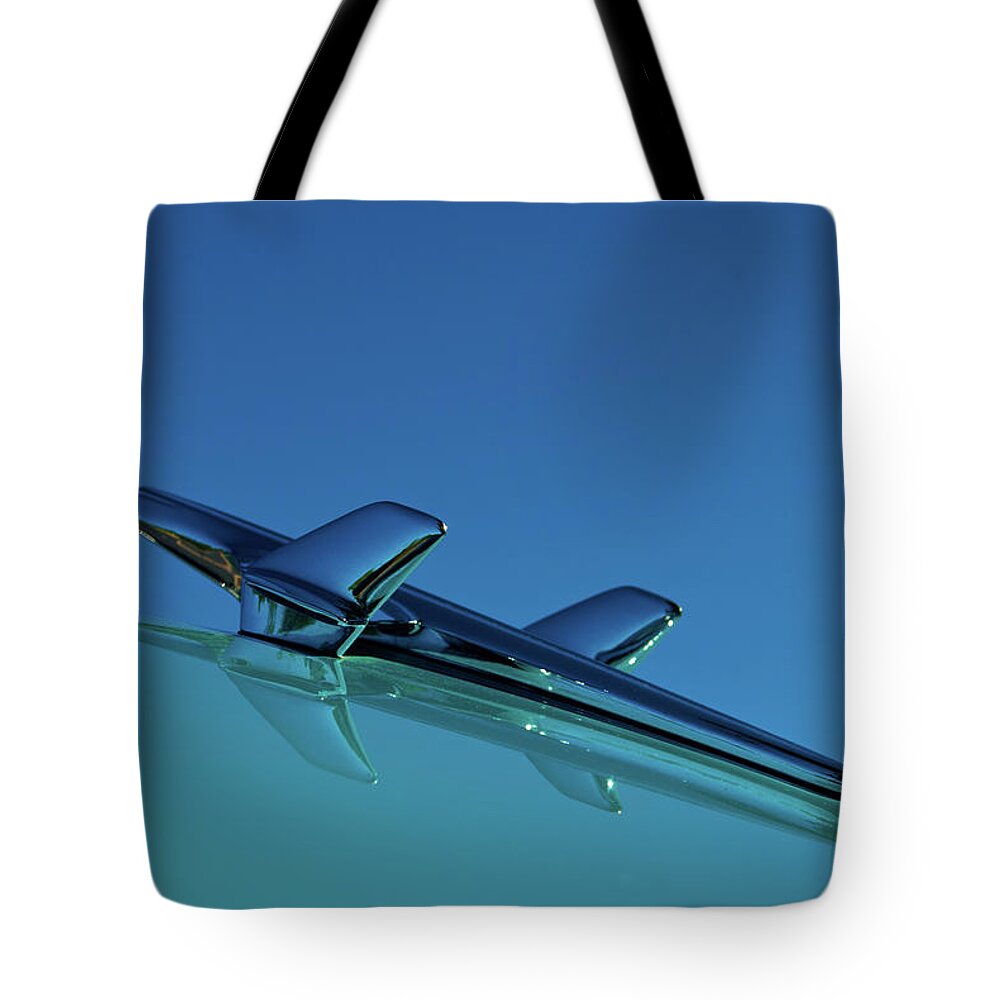 Chevy Tote Bag featuring the photograph 1956 Chevy Belair Hood Ornament by Jani Freimann