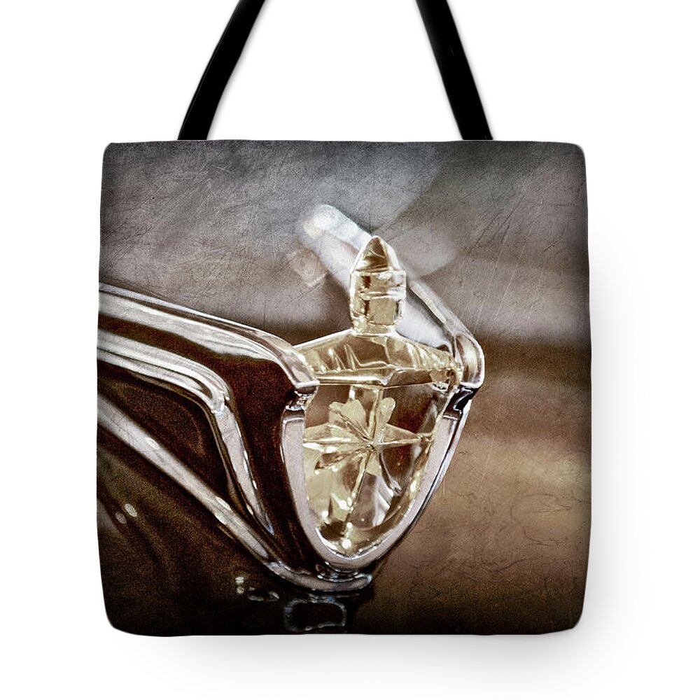 1956 Lincoln Premiere Convertible Hood Ornament Tote Bag featuring the photograph 1956 Lincoln Premiere Convertible Hood Ornament -2797ac by Jill Reger