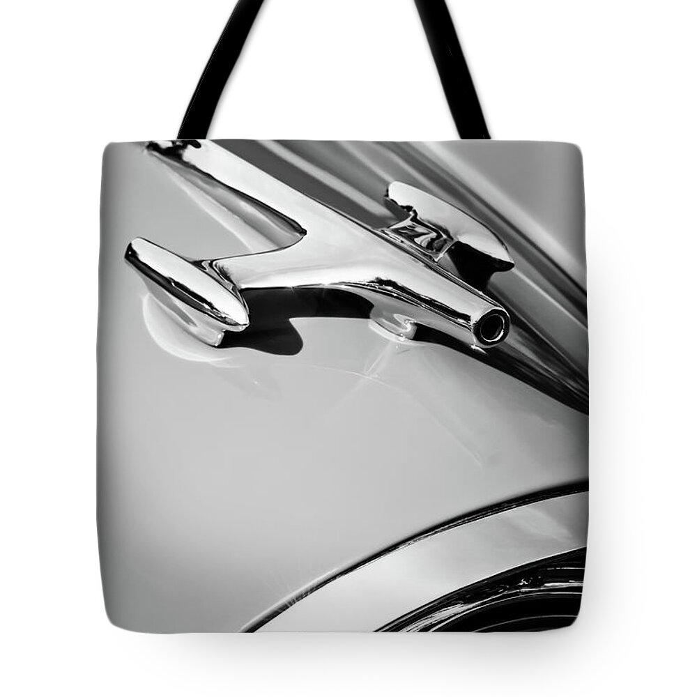 1957 Oldsmobile Hood Ornament Tote Bag featuring the photograph 1957 Oldsmobile Hood Ornament -0267bw by Jill Reger