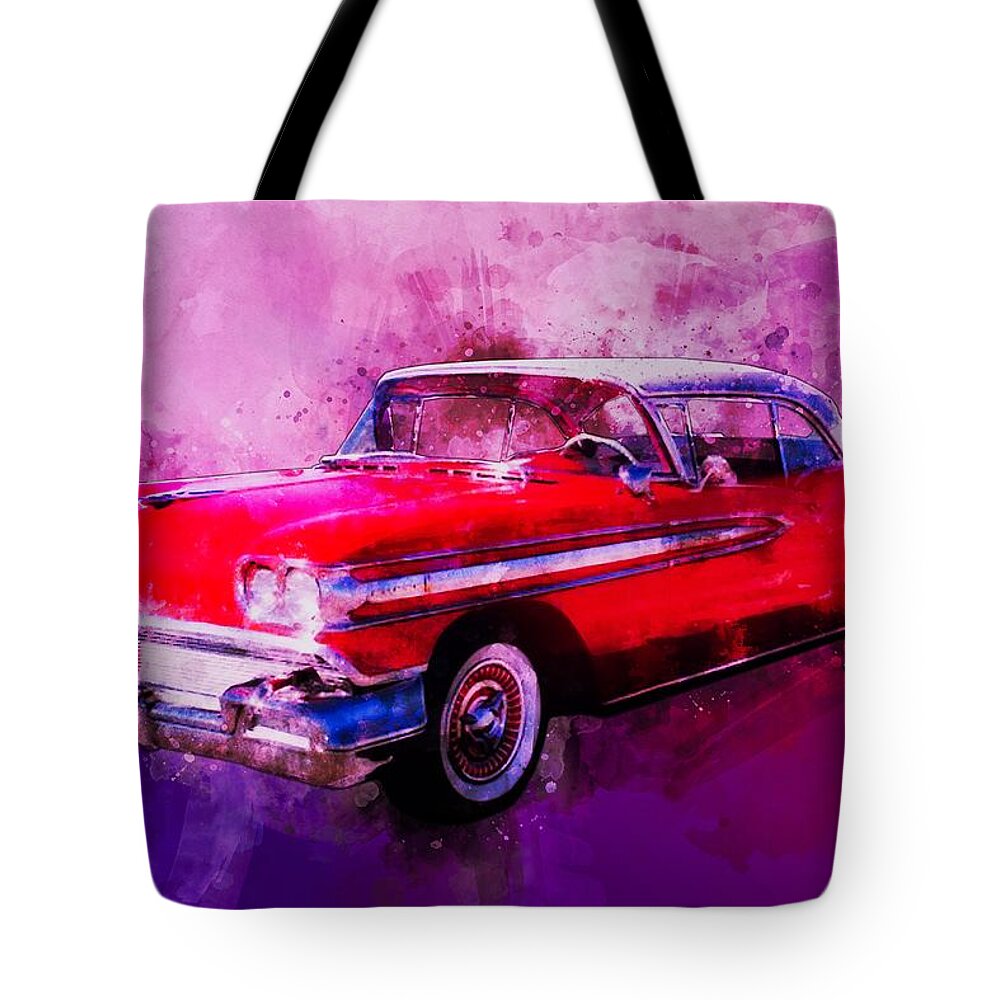 1958 Tote Bag featuring the photograph 1958 Oldsmobile Hardtop with Continental Kit in Tow by Chas Sinklier