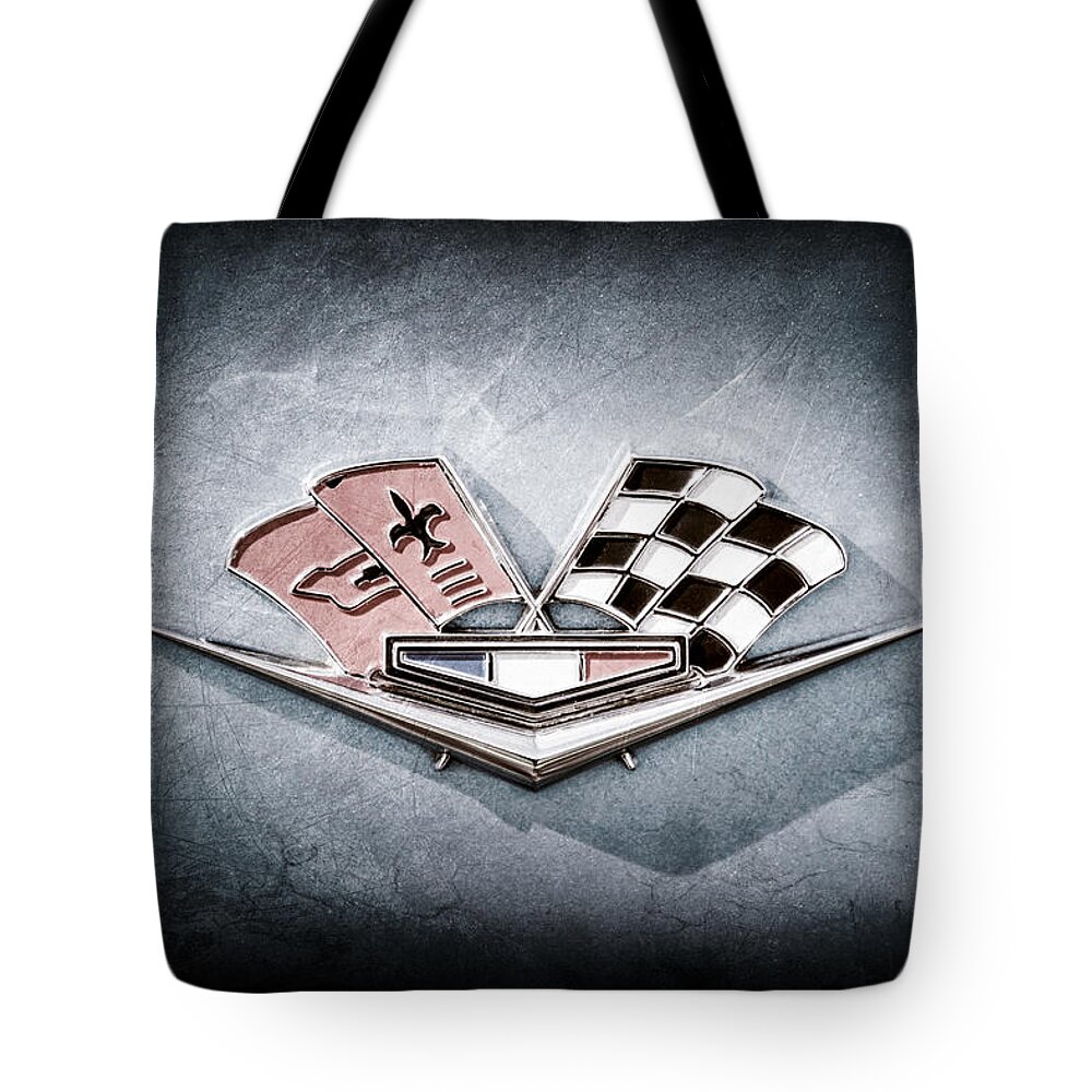 1964 Chevrolet Corvette Sting Ray Gm Styling Coupe Side Emblem Tote Bag featuring the photograph 1964 Chevrolet Corvette Sting Ray GM Styling Coupe Side Emblem -0153ac by Jill Reger