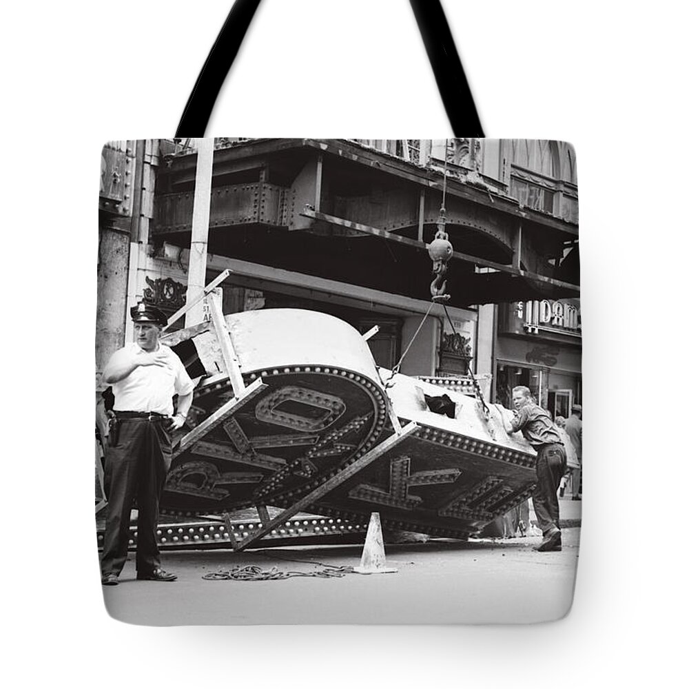 Boston Tote Bag featuring the photograph 1965 Removing RKO Theater Sign Boston by Historic Image