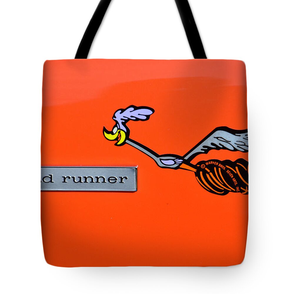 1968 Tote Bag featuring the photograph 1968 Plymouth Roadrunner Badge by Mike Martin