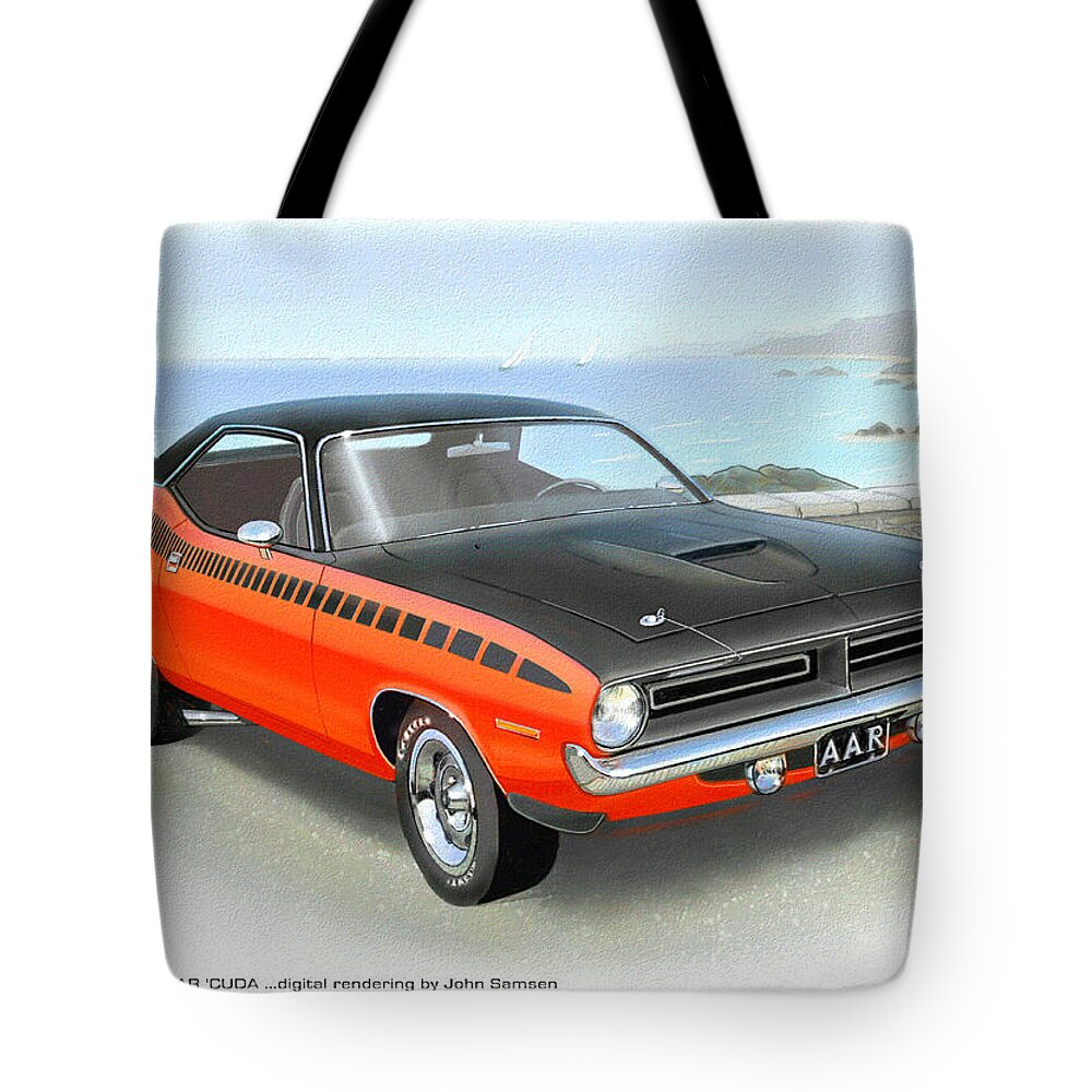  1970 Cuda Tote Bag featuring the painting 1970 BARRACUDA AAR Cuda classic muscle car by John Samsen