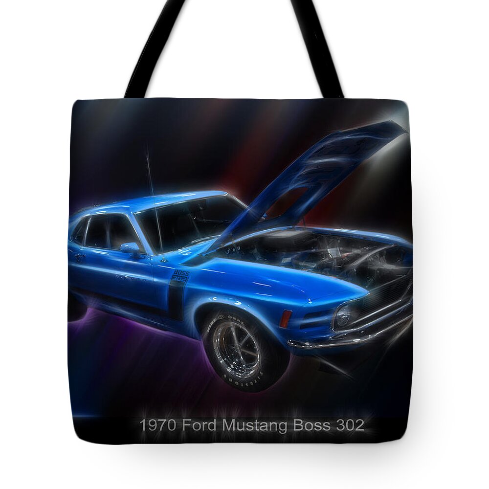 Electric Images Tote Bag featuring the digital art 1970 Ford Mustang Boss 302 Electric by Flees Photos