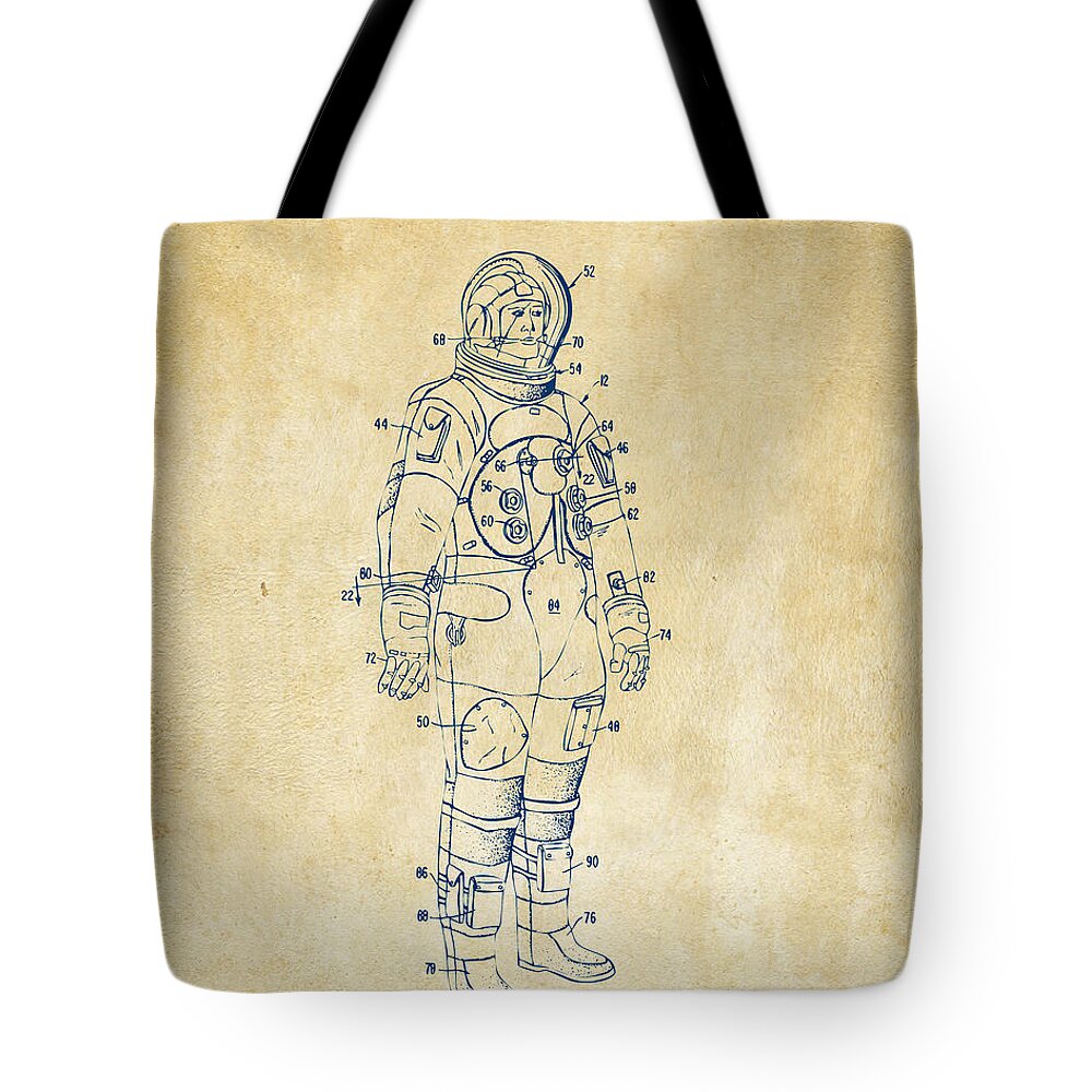 Space Suit Tote Bag featuring the digital art 1973 Astronaut Space Suit Patent Artwork - Vintage by Nikki Marie Smith