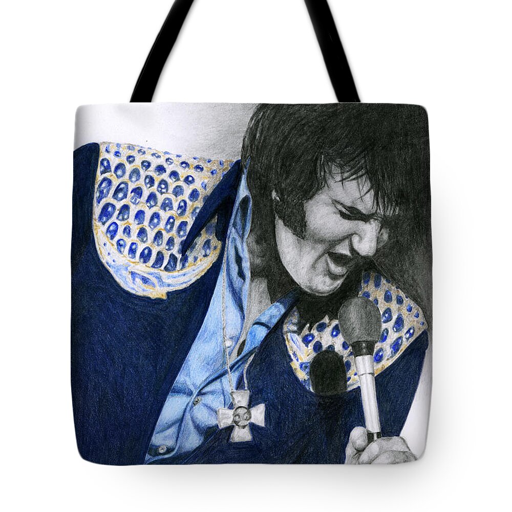 Elvis Tote Bag featuring the drawing 1975 Dark Blue Two Piece Suit Blue Gold Ornaments by Rob De Vries