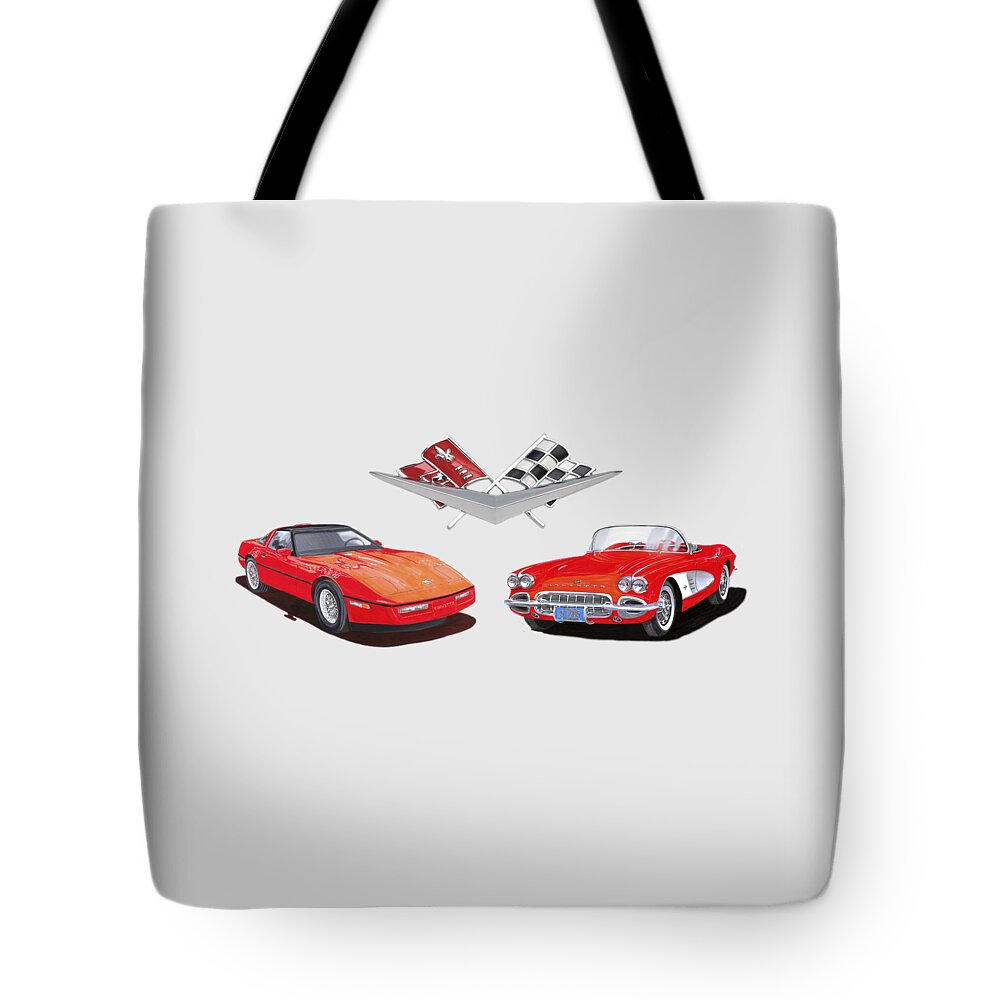 Tee Shirt Art Layout Of A 1986 & A 1961 Corvette Tote Bag featuring the painting 1986 and 1961 Corvettes by Jack Pumphrey