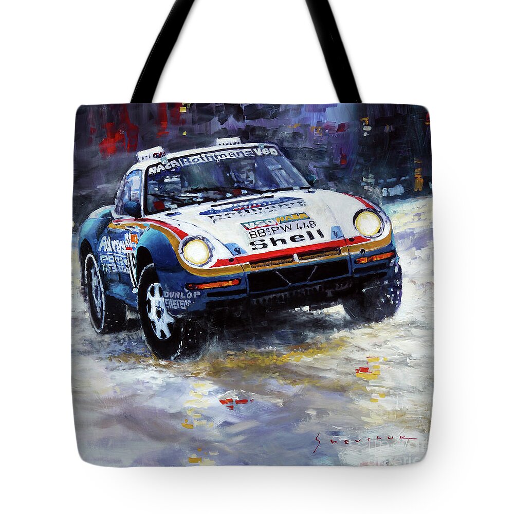Shevchukart Tote Bag featuring the painting 1986 Porsche 959/50 #185 2nd Dakar Rally Raid Ickx, Brasseur by Yuriy Shevchuk