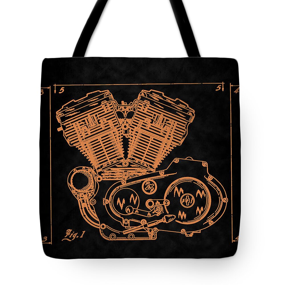 Motorcycle Tote Bag featuring the photograph 1988 V-Twin Motorcycle Engine Design Patent by Barry Jones