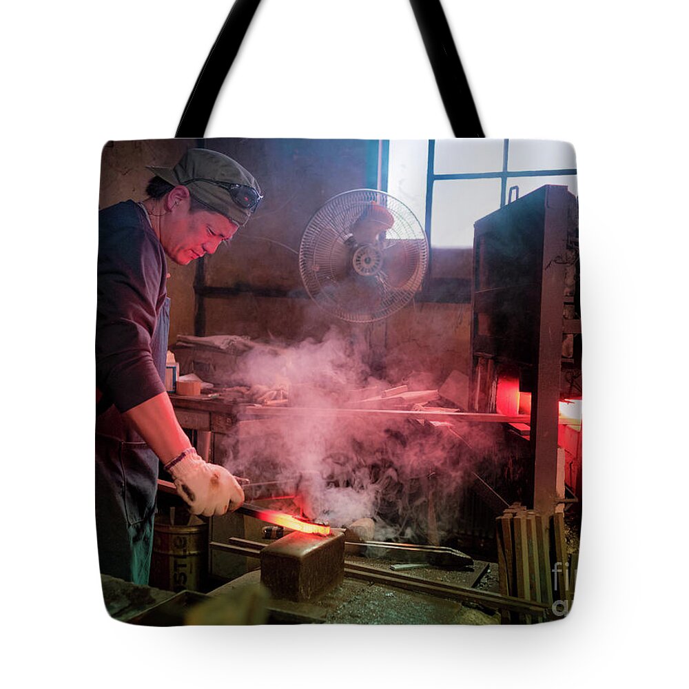 Blacksmith Tote Bag featuring the photograph 4th Generation Blacksmith, Miki City Japan by Perry Rodriguez