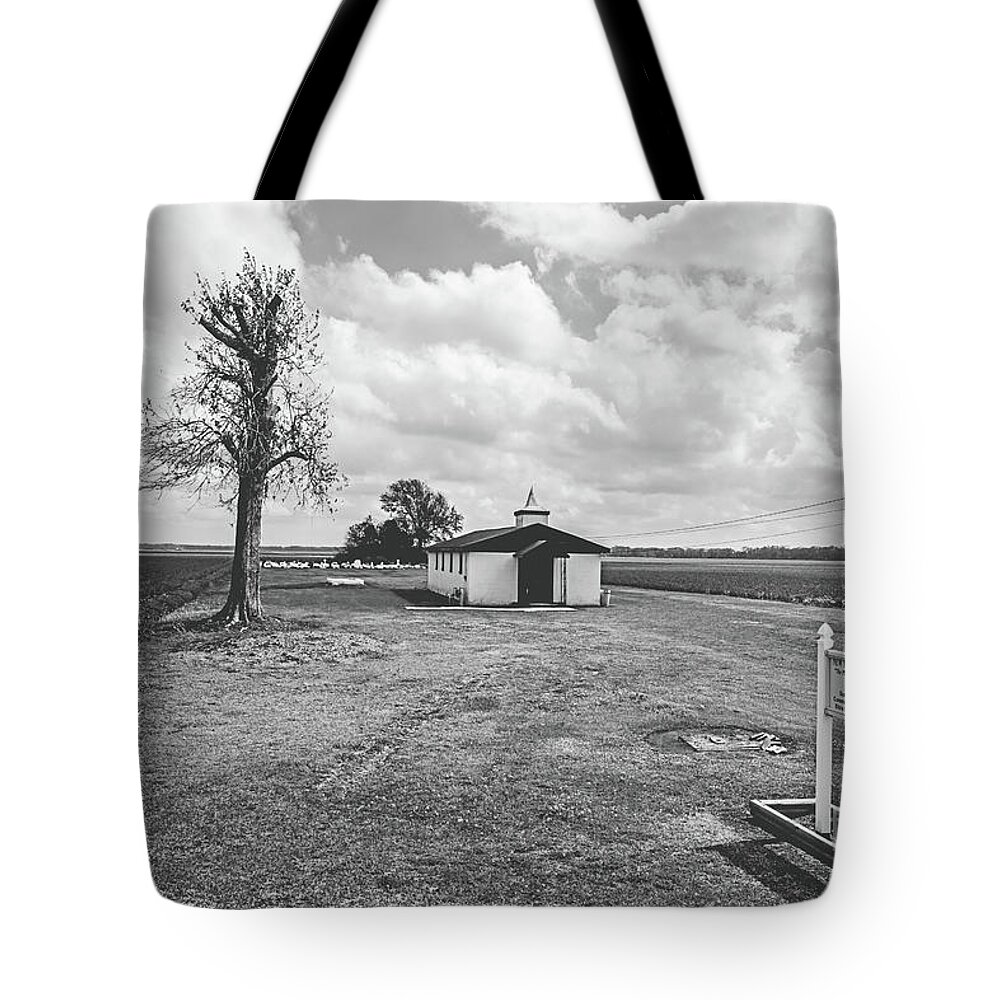 Church Tote Bag featuring the photograph Bayou Country Church -bw by Scott Pellegrin