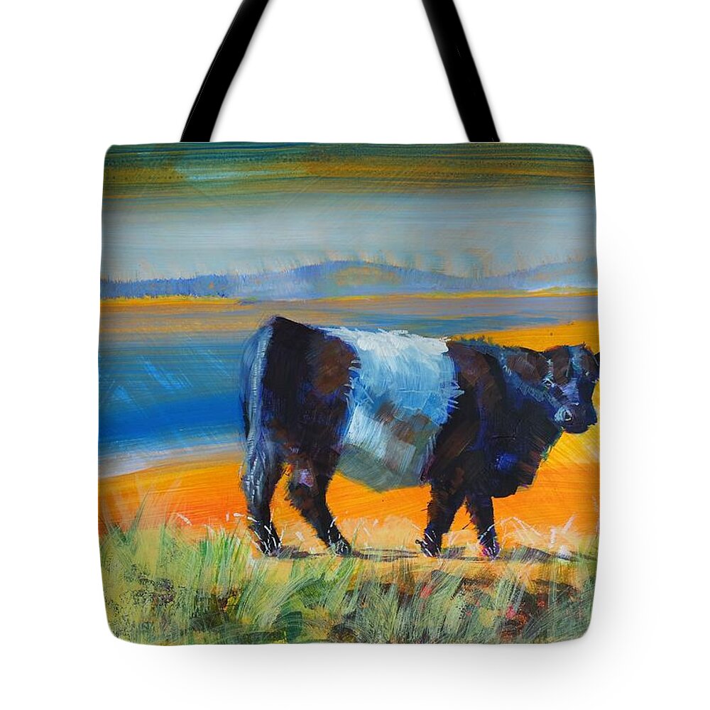 Belted Tote Bag featuring the painting Belted Galloway Cow on beach by Mike Jory