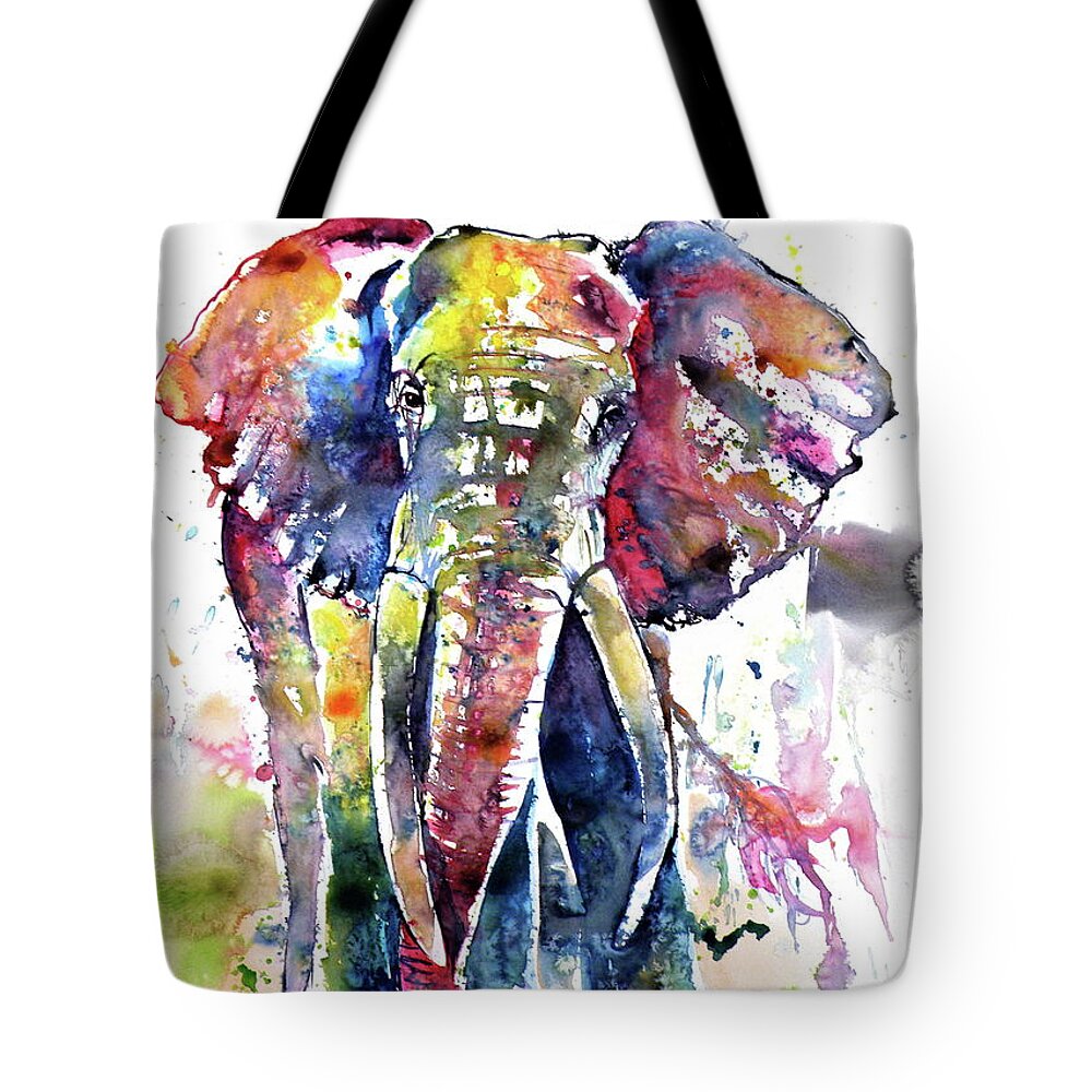 Animal Tote Bag featuring the painting Big colorful elephant #2 by Kovacs Anna Brigitta