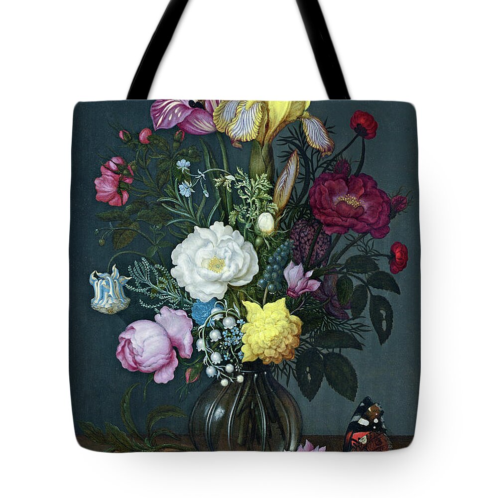 Ambrosius Bosschaert The Elder Tote Bag featuring the painting Bouquet of Flowers in a Glass Vase #1 by Ambrosius Bosschaert the Elder