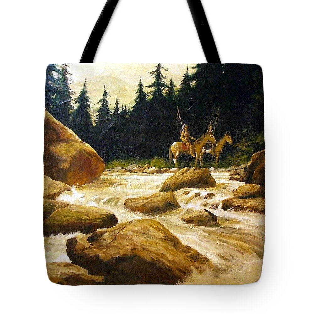 Landscape Tote Bag featuring the painting 2 Braves By A River by Perry's Fine Art