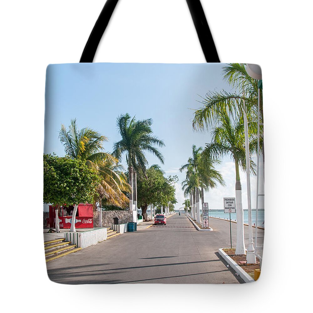 Mexico Quintana Roo Tote Bag featuring the digital art Chetumal Dock and Boats #2 by Carol Ailles