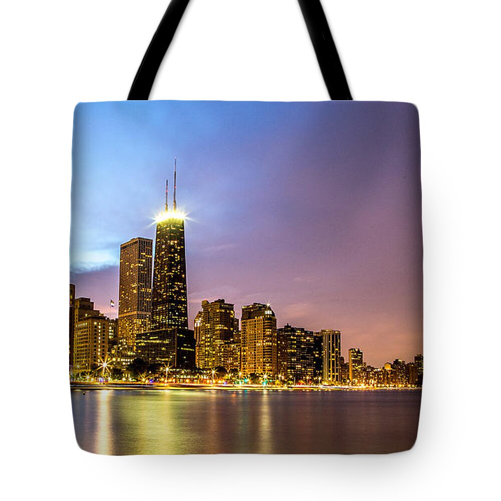 Chicago Tote Bag featuring the photograph Chicago Skyline at Night #2 by Lev Kaytsner